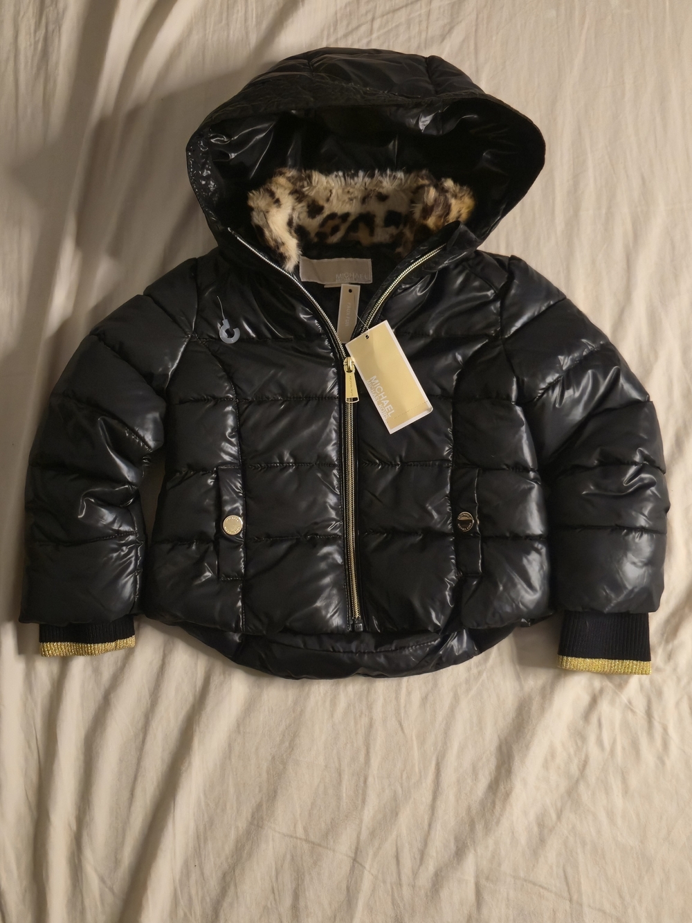 **(New*Michael Kors Black Hooded Quilted Puffer Jacket Faux Fur Trim Full Zip 3T